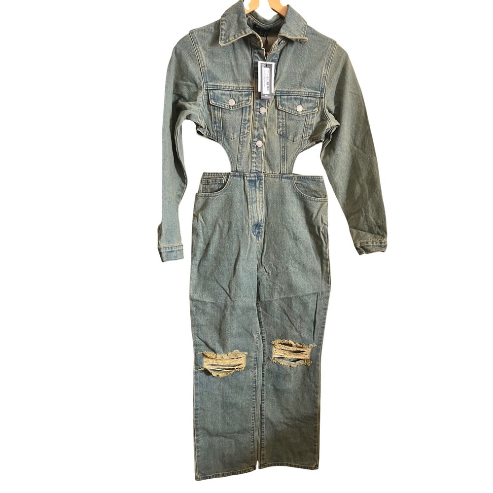 PRETTYLITTLETHING Petite Blue Wash Denim Cut Out Distressed Jumpsuit